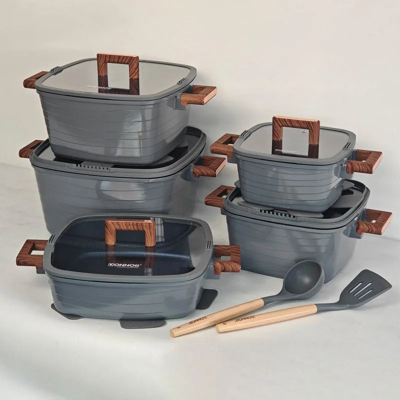 DONNOR 15-Piece Non-Stick Cookware Set – Square Soup Pot, Frying Pan, Milk Pot & Stew Pots with Bakelite Handles