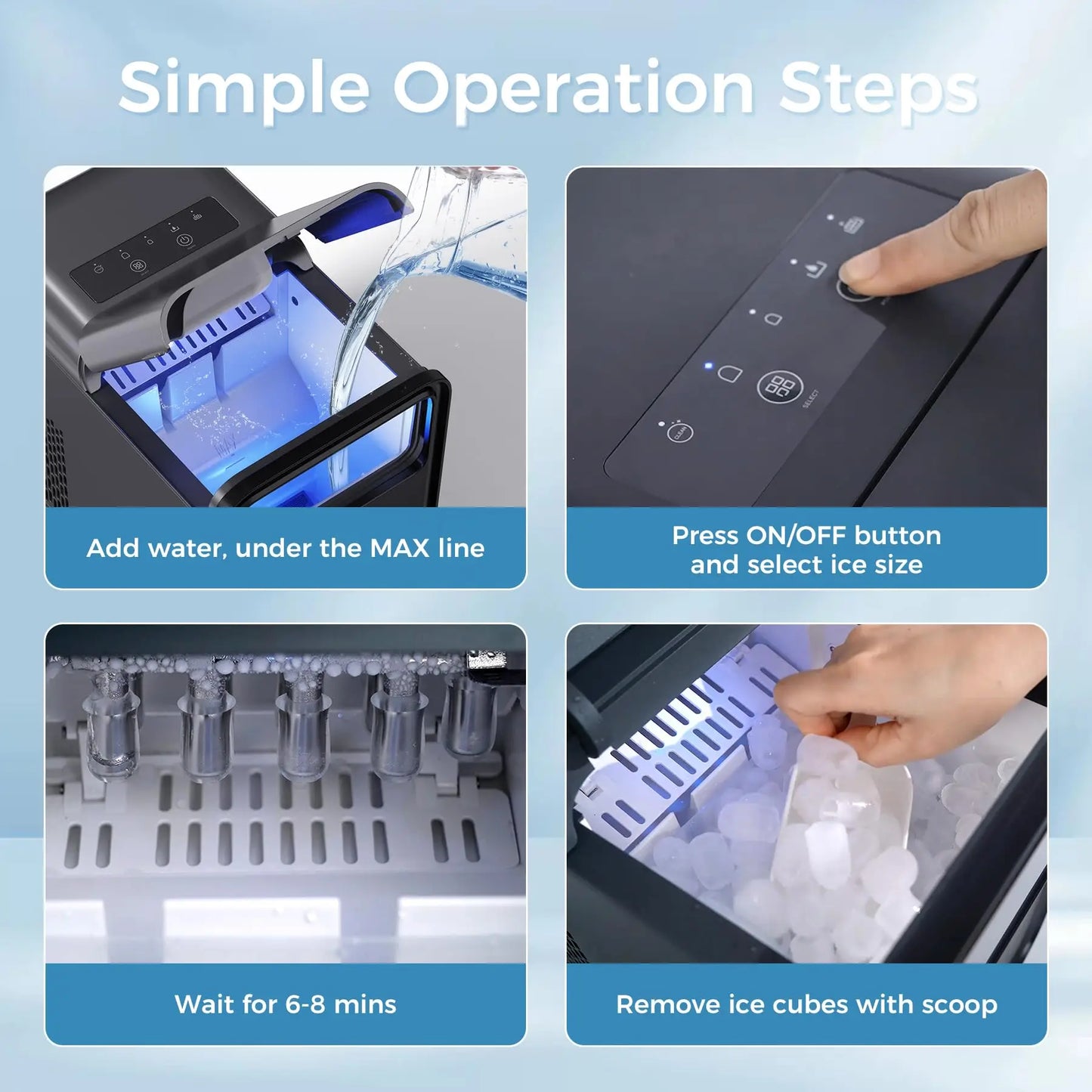 Portable Self-Cleaning Ice Maker Machine – 6-Min Ice, 2 Sizes, 9 Cubes/Batch, 12kg/24H Low-Noise Ice Maker with Scoop & Basket