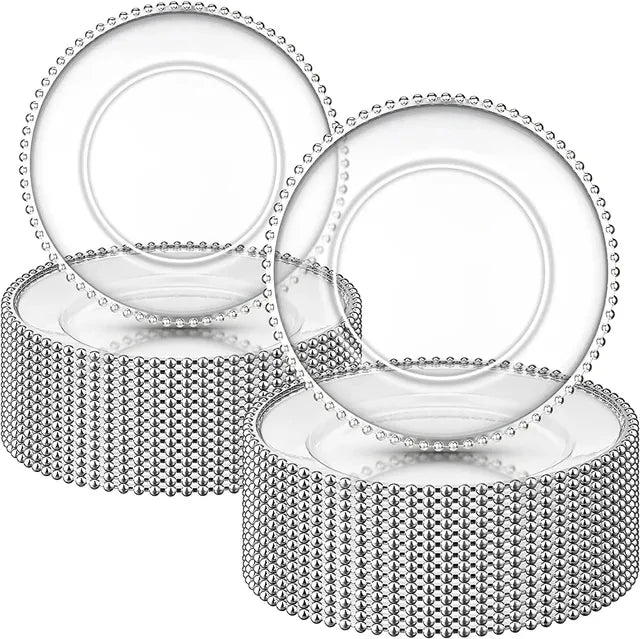 16pcs/30pcs/50pcs/100pcs/200pcs Clear Plastic Charger Plates with Gold Beads Rim Acrylic Decorative Service Plate
