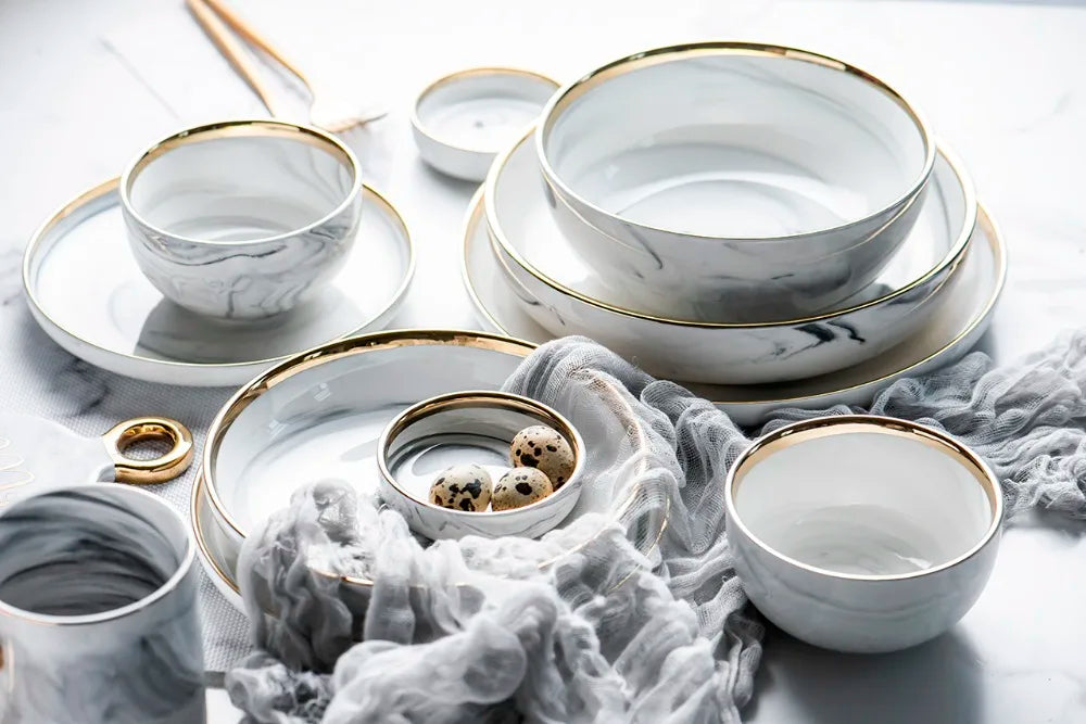 Gold Marble Ceramic Food Tray Kitchen Dinner Plates Dishes Rice Salad Noodles Soup Bowl Spoons Kitchen Cook Tool