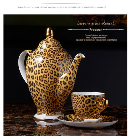 Leopard Print Bone China Coffee Set Luxury Porcelain Tea Set Pot Cup Ceramic Mug Sugar Bowl Creamer Teapot Drinkware Coffeeware