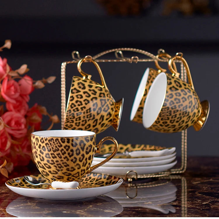 Leopard Print Bone China Coffee Set Luxury Porcelain Tea Set Pot Cup Ceramic Mug Sugar Bowl Creamer Teapot Drinkware Coffeeware