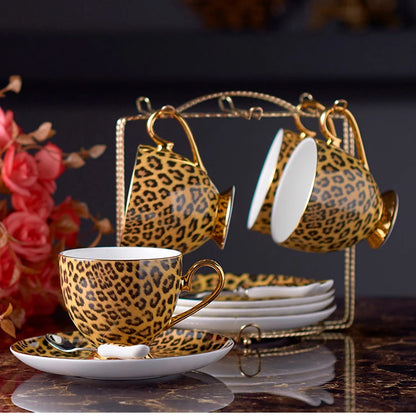 Leopard Print Bone China Coffee Set Luxury Porcelain Tea Set Pot Cup Ceramic Mug Sugar Bowl Creamer Teapot Drinkware Coffeeware