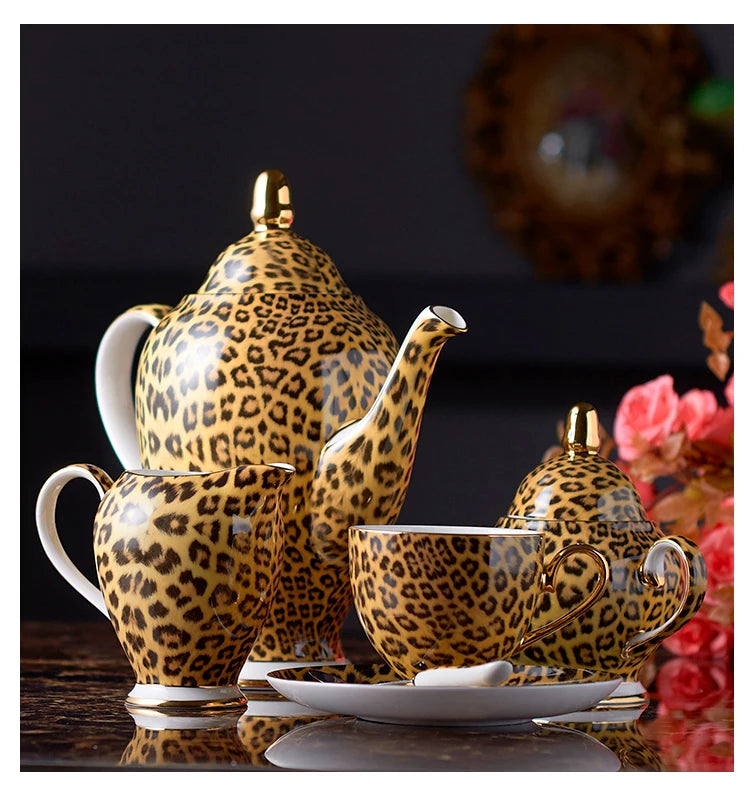 Leopard Print Bone China Coffee Set Luxury Porcelain Tea Set Pot Cup Ceramic Mug Sugar Bowl Creamer Teapot Drinkware Coffeeware