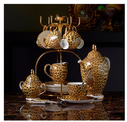 Leopard Print Bone China Coffee Set Luxury Porcelain Tea Set Pot Cup Ceramic Mug Sugar Bowl Creamer Teapot Drinkware Coffeeware