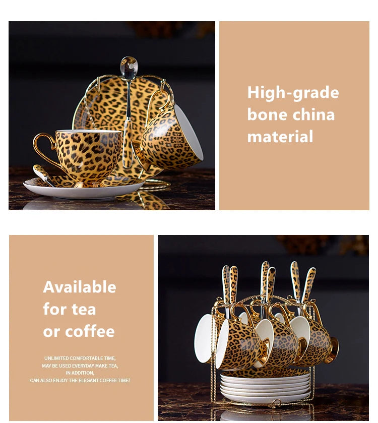 Leopard Print Bone China Coffee Set Luxury Porcelain Tea Set Pot Cup Ceramic Mug Sugar Bowl Creamer Teapot Drinkware Coffeeware