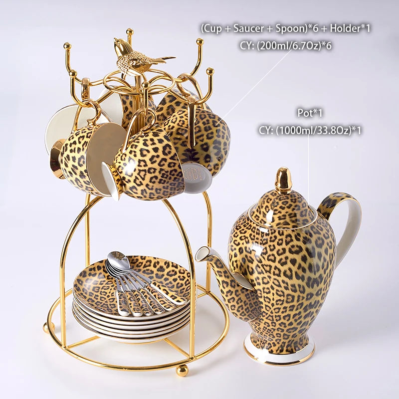 Leopard Print Bone China Coffee Set Luxury Porcelain Tea Set Pot Cup Ceramic Mug Sugar Bowl Creamer Teapot Drinkware Coffeeware