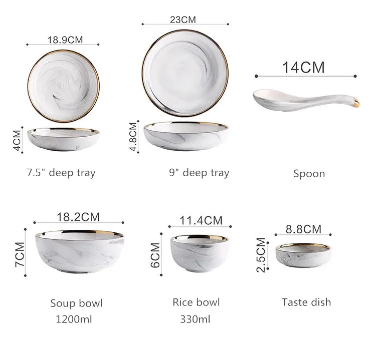 Gold Marble Ceramic Food Tray Kitchen Dinner Plates Dishes Rice Salad Noodles Soup Bowl Spoons Kitchen Cook Tool