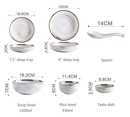 Gold Marble Ceramic Food Tray Kitchen Dinner Plates Dishes Rice Salad Noodles Soup Bowl Spoons Kitchen Cook Tool