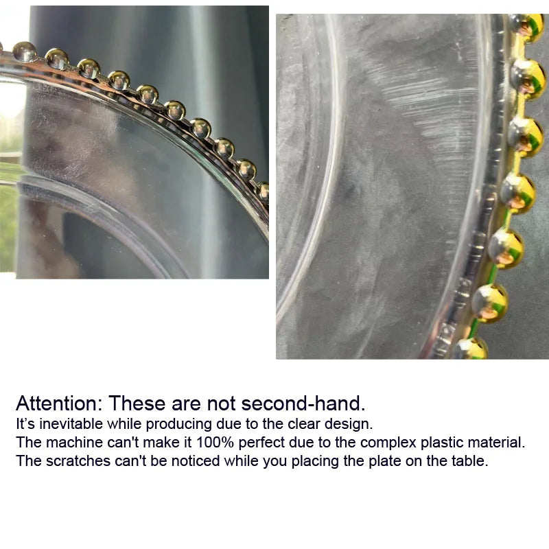 16pcs/30pcs/50pcs/100pcs/200pcs Clear Plastic Charger Plates with Gold Beads Rim Acrylic Decorative Service Plate