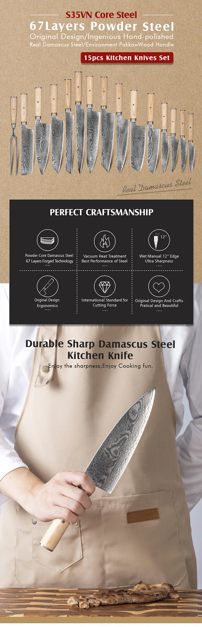 Extra Sharpness Blade Damascus Steel Powder Core S35VN 62-64 Hardness Kitchen Chef Knife