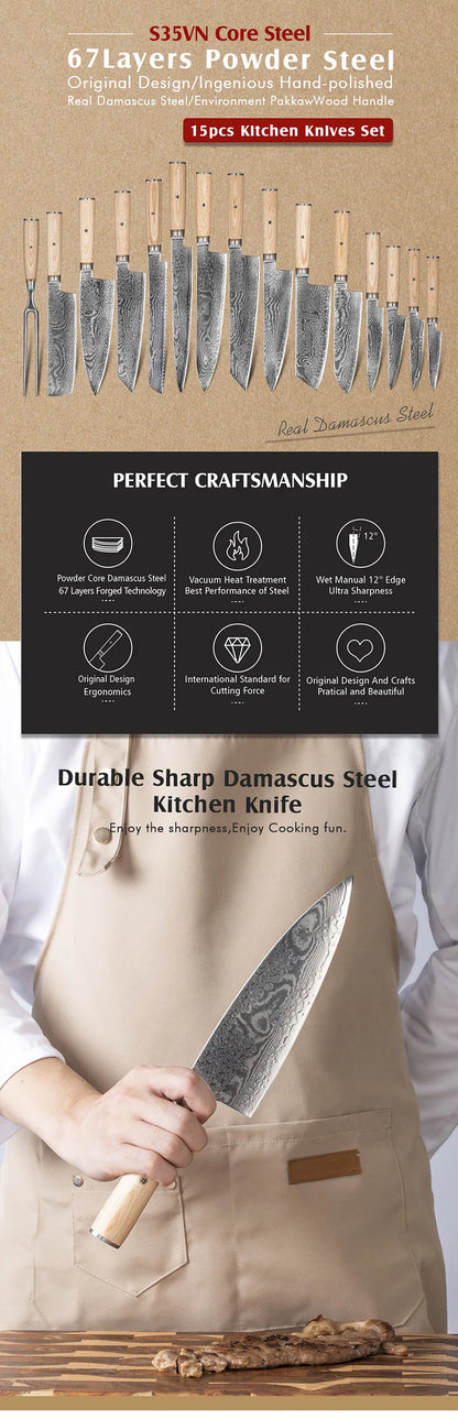 Extra Sharpness Blade Damascus Steel Powder Core S35VN 62-64 Hardness Kitchen Chef Knife