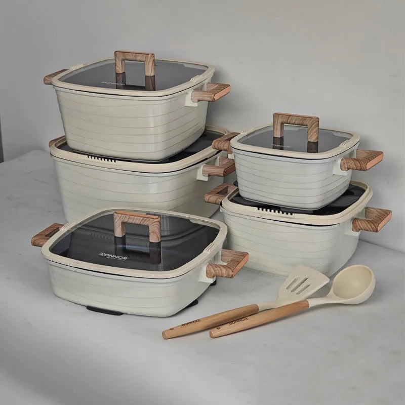DONNOR 15-Piece Non-Stick Cookware Set – Square Soup Pot, Frying Pan, Milk Pot & Stew Pots with Bakelite Handles