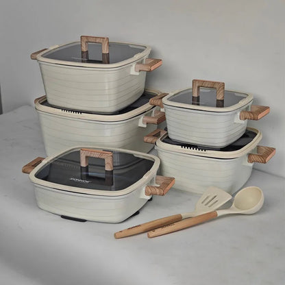 DONNOR 15-Piece Non-Stick Cookware Set – Square Soup Pot, Frying Pan, Milk Pot & Stew Pots with Bakelite Handles