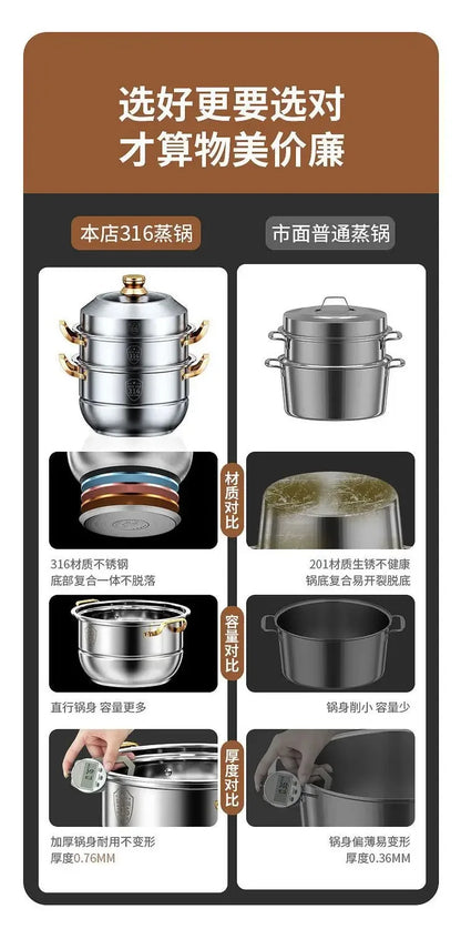 316 stainless steel steamer household food grade thickened soup pot steamed steamed buns four-layer induction cooker universal