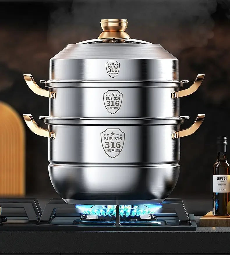 316 stainless steel steamer household food grade thickened soup pot steamed steamed buns four-layer induction cooker universal