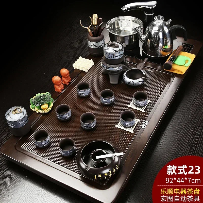 Solid Wood Tea Tray with Purple Sand Kung Fu Tea Set & Induction Cooker – Premium Chinese Gongfu Teaware