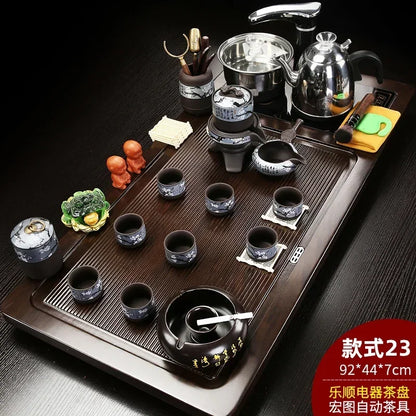 Solid Wood Tea Tray with Purple Sand Kung Fu Tea Set & Induction Cooker – Premium Chinese Gongfu Teaware