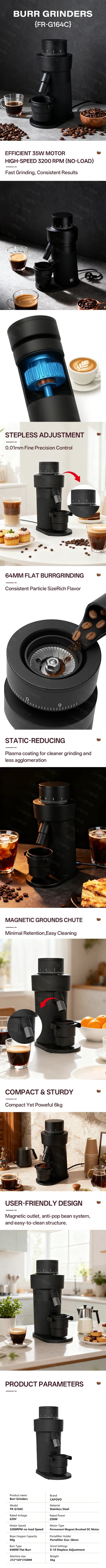 CAFOVO Q64 Espresso Grinder – 64mm Flat Burr, 3200RPM, Plasma Anti-Static, Single Dose