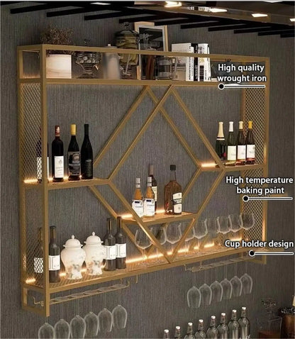 Metal Wall Bar Shelves with Wine Rack – Liquor Bottle Storage Holder for Kitchen, Dining Room & Home Bar Décor