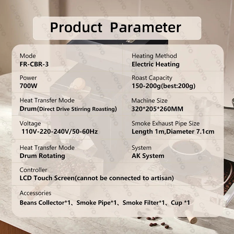 CAFOVO RE-3 200g Electric Coffee Bean Roaster Machine Simulates Direct Fire Stirring Baking Intelligent Dual Mode for Home Use