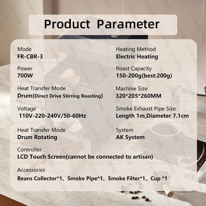 CAFOVO RE-3 200g Electric Coffee Bean Roaster Machine Simulates Direct Fire Stirring Baking Intelligent Dual Mode for Home Use