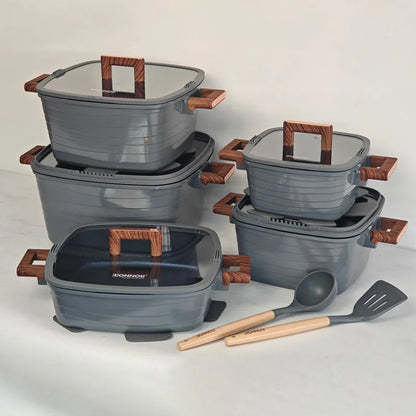 DONNOR 15-Piece Non-Stick Cookware Set – Square Soup Pot, Frying Pan, Milk Pot & Stew Pots with Bakelite Handles