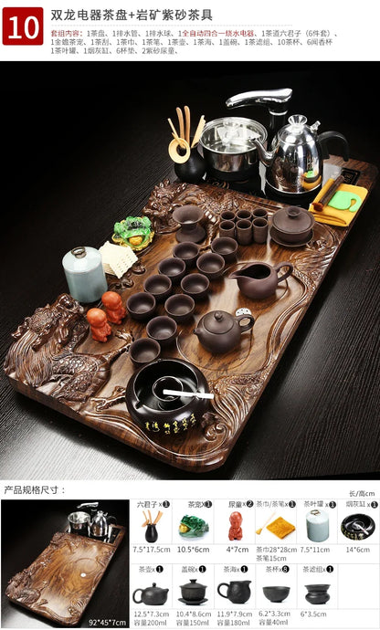 Solid Wood Tea Tray with Purple Sand Kung Fu Tea Set & Induction Cooker – Premium Chinese Gongfu Teaware