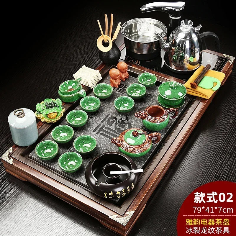 Solid Wood Tea Tray with Purple Sand Kung Fu Tea Set & Induction Cooker – Premium Chinese Gongfu Teaware