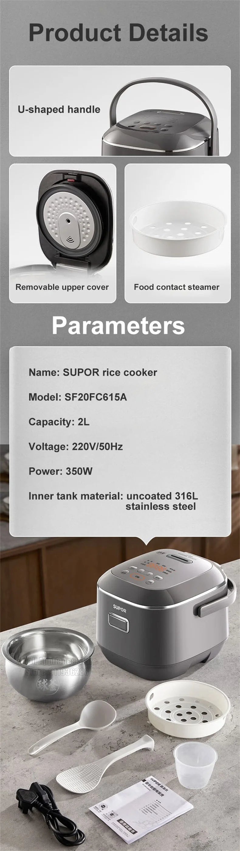 SUPOR 2L Household Rice Cooker LED Display 24H Intelligent Timing Rice Cooking Pot Good Taste 316L Stainless Steel Multi Cooker