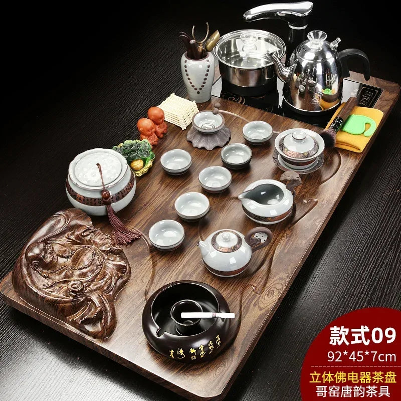 Solid Wood Tea Tray with Purple Sand Kung Fu Tea Set & Induction Cooker – Premium Chinese Gongfu Teaware