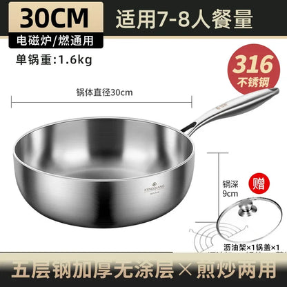 Stainless Steel Frying Pan 316 Stainless Steel Flat Bottomed Frying Pan Deep Uncoated Induction Cooker Vegetable Frying Pan