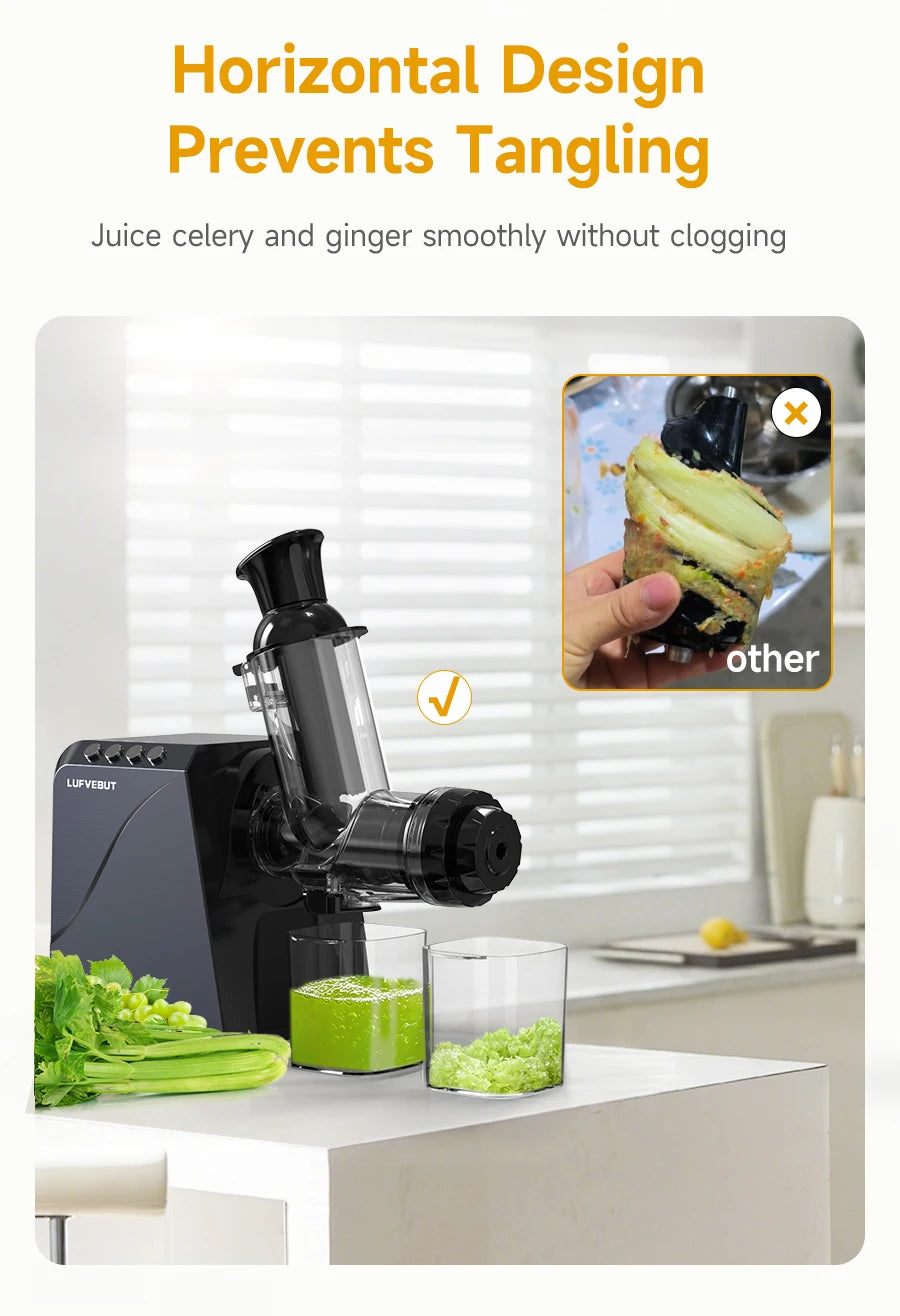 LUFVEBUT Large Calibre Slow Juicer 250W Cold Press Masticating Extractor BPA Free High Juice Yield Safe Kitchen Gadget