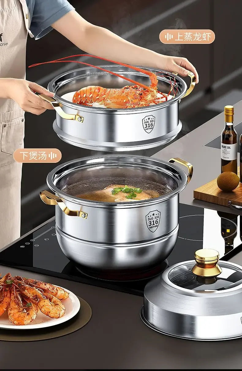 316 stainless steel steamer household food grade thickened soup pot steamed steamed buns four-layer induction cooker universal