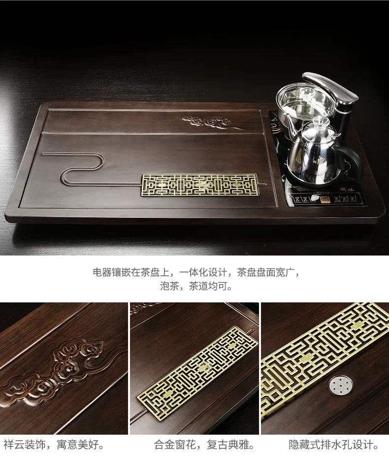 Solid Wood Tea Tray with Purple Sand Kung Fu Tea Set & Induction Cooker – Premium Chinese Gongfu Teaware