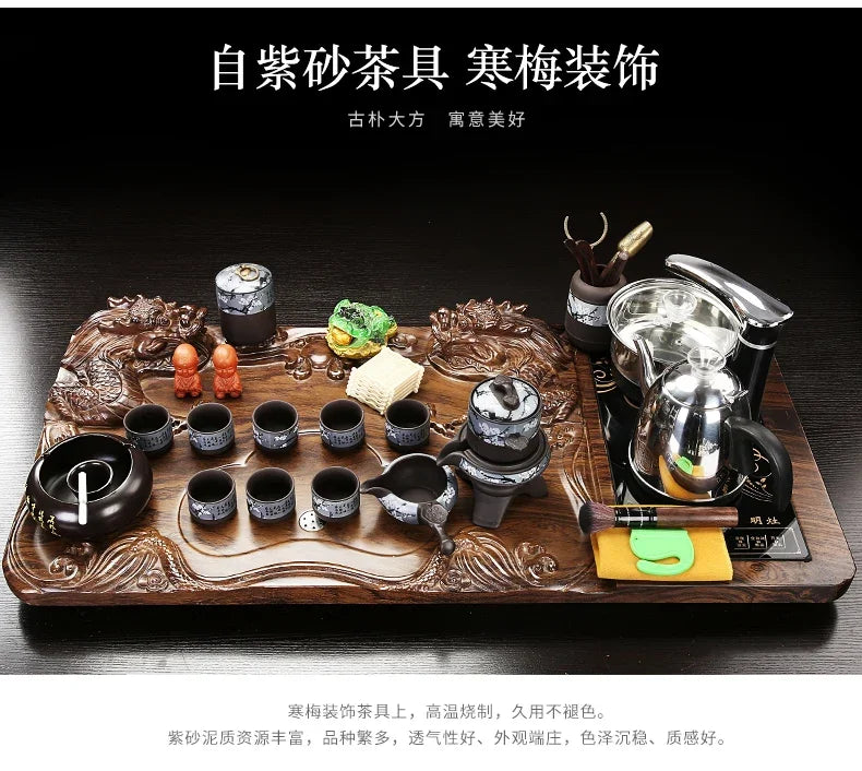 Solid Wood Tea Tray with Purple Sand Kung Fu Tea Set & Induction Cooker – Premium Chinese Gongfu Teaware
