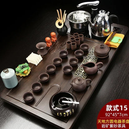 Solid Wood Tea Tray with Purple Sand Kung Fu Tea Set & Induction Cooker – Premium Chinese Gongfu Teaware