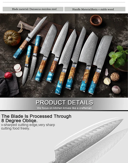 Japanese 67-Layer Damascus Steel Kitchen Knife Set Utility Knife Meat Slicer Vegetable Knife Boning Knife Ergonomic Handle