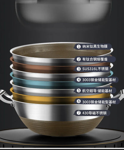 KENGQIANG Double ear 316 Stainless steel deep thick flat bottomed stew wok cooking pot non stick home frying pan cookware