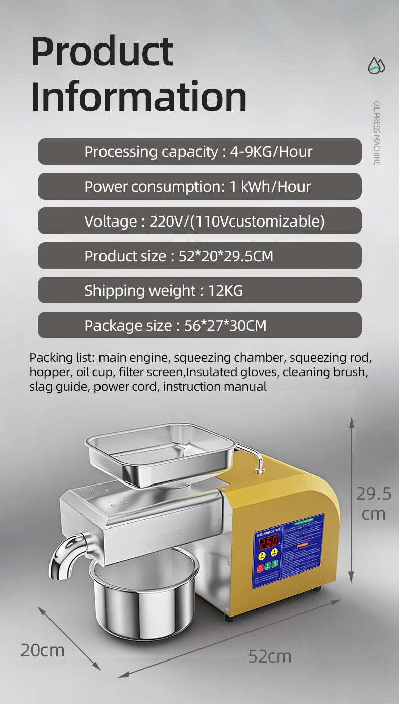 BEAUTIUSN,110V/220V New Automatic  Oil Press Machine Commercial Home cold Oil Extractor Expeller Presser ,flaxseed Sunflower Oil