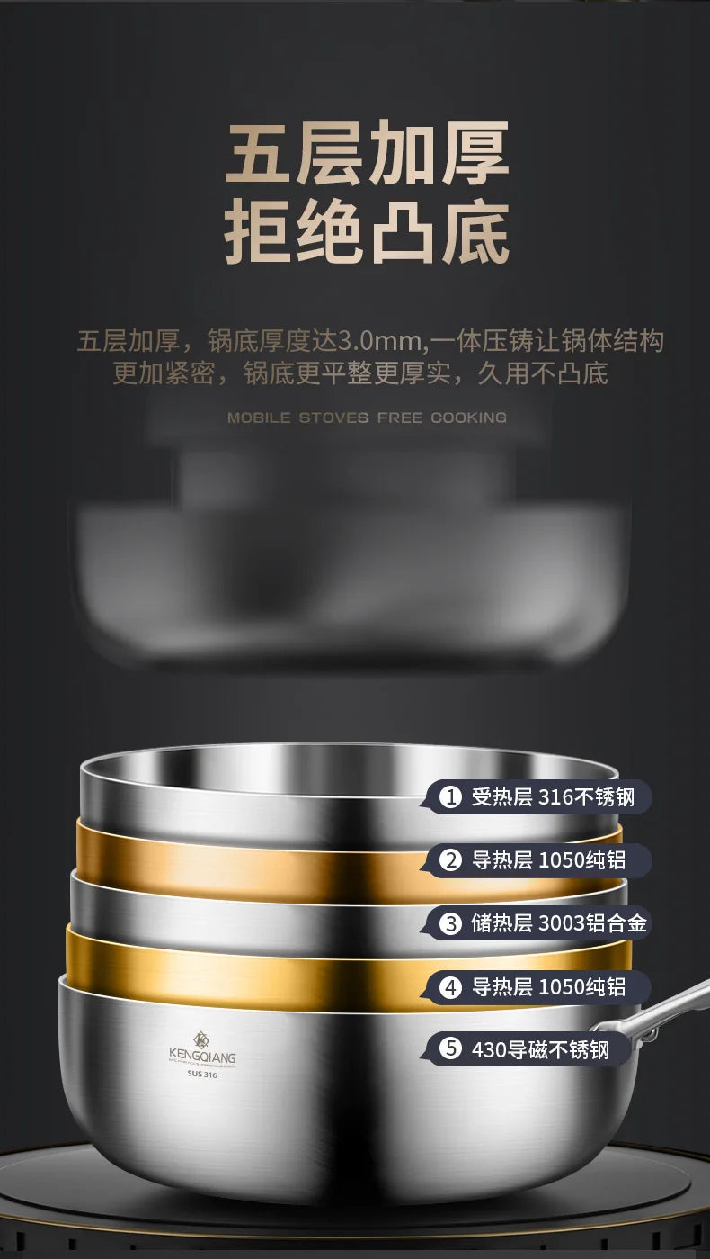 Stainless Steel Frying Pan 316 Stainless Steel Flat Bottomed Frying Pan Deep Uncoated Induction Cooker Vegetable Frying Pan