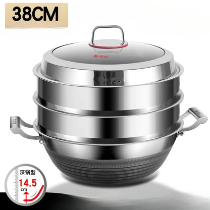 KENGQIANG Double ear 316 Stainless steel deep thick flat bottomed stew wok cooking pot non stick home frying pan cookware