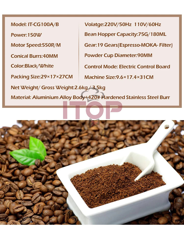 ITOP Electric Coffee Grinder 40MM Titanium Burr Metal Bean Hopper 75g Elegant Samll Coffee Grinder Machine New Arrival 2022
