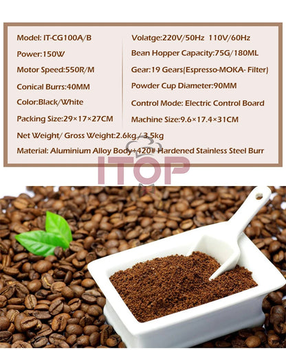 ITOP Electric Coffee Grinder 40MM Titanium Burr Metal Bean Hopper 75g Elegant Samll Coffee Grinder Machine New Arrival 2022