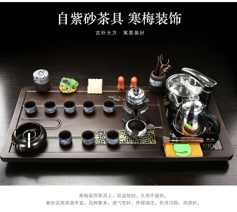 Solid Wood Tea Tray with Purple Sand Kung Fu Tea Set & Induction Cooker – Premium Chinese Gongfu Teaware
