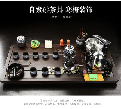 Solid Wood Tea Tray with Purple Sand Kung Fu Tea Set & Induction Cooker – Premium Chinese Gongfu Teaware