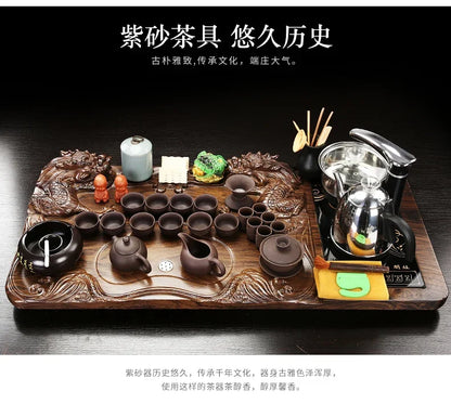 Solid Wood Tea Tray with Purple Sand Kung Fu Tea Set & Induction Cooker – Premium Chinese Gongfu Teaware