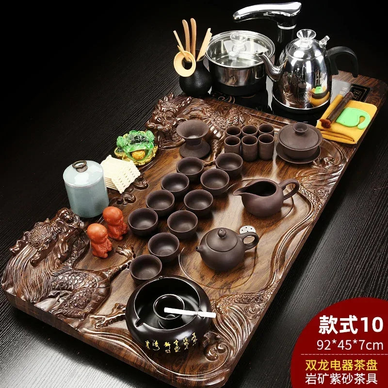 Solid Wood Tea Tray with Purple Sand Kung Fu Tea Set & Induction Cooker – Premium Chinese Gongfu Teaware