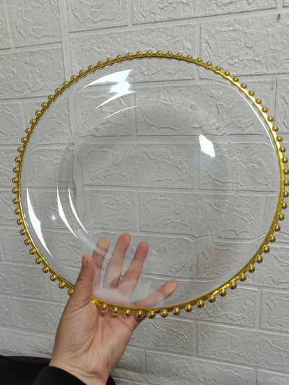 16pcs/30pcs/50pcs/100pcs/200pcs Clear Plastic Charger Plates with Gold Beads Rim Acrylic Decorative Service Plate