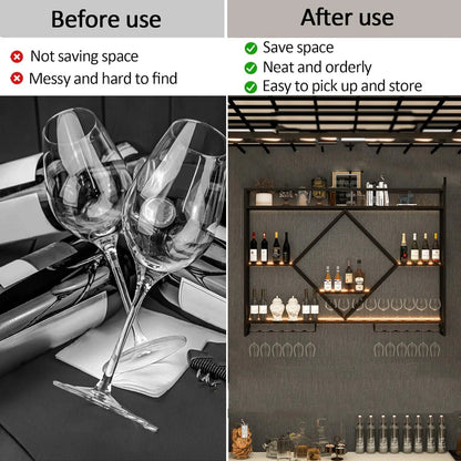 Metal Wall Bar Shelves with Wine Rack – Liquor Bottle Storage Holder for Kitchen, Dining Room & Home Bar Décor